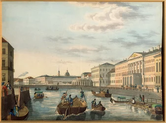 Widok na rzekę Fontanka w Sankt Petersburgu. Praca anonimowa, litografia, kolorowana akwarelą, ok. 1820 r. Sztuka rosyjska