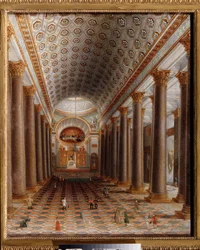 Wnętrze katedry kazańskiej w Sankt Petersburgu. Obraz rosyjskiego mistrza, olej na płótnie, pocz. XIX w. Sztuka rosyjska. Państwowa Galeria Tretiakowska, Moskwa.