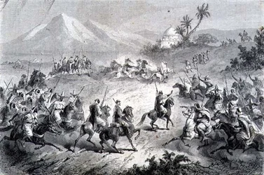 Przygoda, podróżnicy zaatakowani przez bandytów, ilustracja z „Powrotu do świata” (rycina)