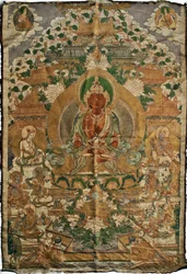 Amitabha (budda czystej ziemi) - Malarstwo tybetańskie, pigmenty i złoto na tkaninie, koniec XIX wieku, 74x51 cm - (Budda Amitayus Thangka, kultura tybetańska, Pigmenty i złoto na tkaninie, koniec XIX w.) - Kolekcja prywatna