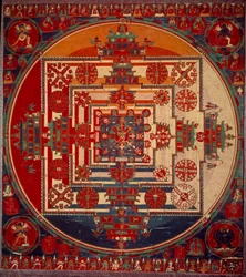 Tańcząca bogini Mandala de Vajravarami (w środku) jej nazwa oznacza „”adamantine laie”””. Tybet XIX wiek. Paryż, Muzeum Guimet