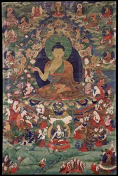 Budda Siakjamuni - Kultura tybetańska - XVIII wiek - Pigment mineralny na bawełnie - 70,5 x 47 - Rubin Museum of Art, Nowy Jork