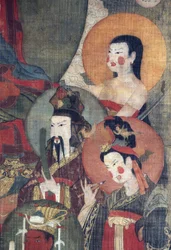 Kultura tybetańska: Budda Tejaprabha otoczony bóstwami planety. Tempera na jedwabiu, format : 104x67, początek XII w., Pustelnia Państwowa, Petersburg