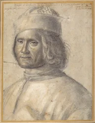 Portret popiersia brodatego mężczyzny w czapce trzymającego książkę przy piersi, koniec XV-początek XVI wieku (czarna kreda z czerwonymi akcentami na papierze)