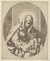 Dziewica trzymająca Dzieciątko Chrystus na kolanach, kompozycja owalna, wg Reni, 1620-50., 1620-50.