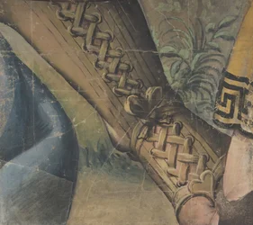 Fragment kreskówki z gobelinu: Stopa w buszu, draperia i roślina, 1500-1550.