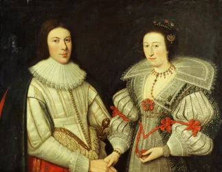 Portret grupowy dżentelmena, do połowy długości, w białym dublecie i kryzie oraz jego żony w biało-zielonej sukience, kołnierzyku w kształcie wachlarza i złotym naszyjniku,