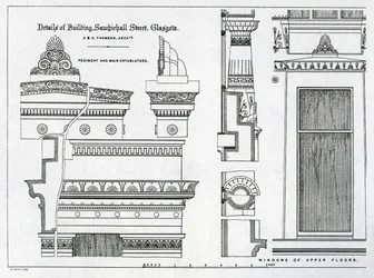Detale architektoniczne Grecian Chambers, 336-356 Sauchiehall Street, Glasgow, projekt Alexander Greek Thomson, 1869