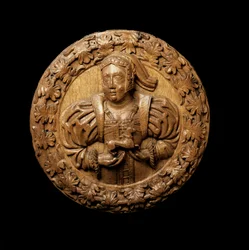 Roundel, przypuszczalnie przedstawiał Margaret Tudor, ze stropu Sali Obecności Królów w zamku Stirling, 1540 (drewno dębowe)