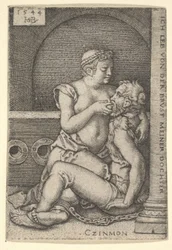 Cimon siedzący przy kolumnie po prawej stronie, ssący klęczącego obok Pero, 1544.
