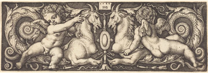 Ornament z dwoma geniuszami jeżdżącymi na dwóch chimerach