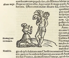 Wiedźma przywołuje trójgłowego demona z wydania „Cosmographia” Sebastiana Munstera z 1550 r. (drzewryt)