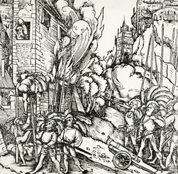 Oblężenie Kartaginy, rycina zaczerpnięta z Universalis Cosmographia (Kosmologia Uniwersalna) autorstwa Sebastiana Munstera (1488-1552). Niemcy