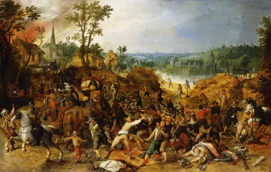 Krajobraz z Marauders atakującymi wagon i plądrujących wioskę,