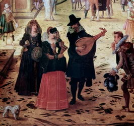 Krajobraz z Villa Medici w Rzymie, Włochy. Fragment: eleganccy spacerowicze i muzycy w parku. XVII wiek, Neapol, Museo Nazionale di Capodimonte