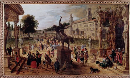Pejzaż z Villa Medici w Rzymie, Włochy. Eleganccy spacerowicze i muzycy w parku. XVII wiek, Neapol, Museo Nazionale di Capodimonte