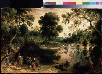 Podróżowanie z eskortą wojskową. Obraz Sebastiaena Vrancxa (1574-1647). Olej na drewnie, 38,5 x 59 cm, ok. 1610. Sztuka flamandzka, Sztuka baroku. Muzeum Sztuk Pięknych im. Puszkina w Moskwie.