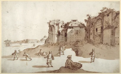 Młodzi mężczyźni grający w pelotę w Łaźniach Dioklecjana; S. Bernardino w oddali; długa ściana Bellaiani (pióro i brązowy tusz z brązowym washem na papierze)