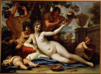 Bacchante et satyres (Bachante i Satyrowie). Satyrowie zbierają winogrona z winorośli i podają czerwone wino bachantce, leżącej nagości kobiecej. Obraz Sebastiano Ricciego (1659-1734), ok. 1713 r. Sztuka wenecka. Olej na płótnie. Ermitaż, Sa