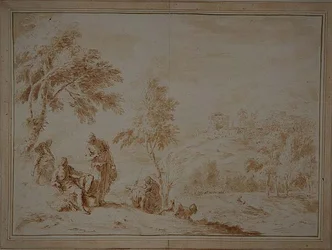 Rozległy krajobraz pasterski z Hill-town, ok. 1720 (brązowy tusz i wash)
