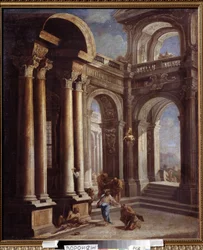 Uzdrowienie niewidomego Bartymeusza z Jerycha. Uzdrowienie niewidomego mężczyzny z Jerycha. Obraz Sebastiano Ricciego (1659-1734). Olej na płótnie. Barokowa sztuka włoska. Iwan Kramskoj (lub Kramskoj) Muzeum Sztuk Pięknych w Woroneżu (Woroneż), Rosja.