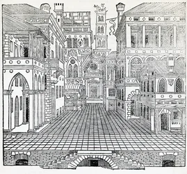 Scena magiczna, projekt sceny teatralnej Sebastiano Serlio (1475-1554), ilustracja z traktatu o architekturze, księga II