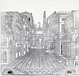 Scena magiczna, projekt sceny teatralnej Sebastiano Serlio (1475-1554), ilustracja z traktatu o architekturze, księga II