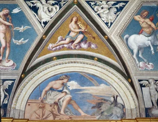 Loggia della Galatea Loggia Galatei detal dekoracji sklepienia przedstawiający Junonę na rydwanie i skrzypka, fresk z 1506 roku