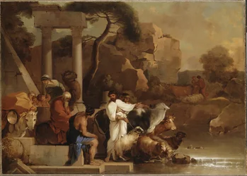 Le odejść de Jacob - Odejście Jakuba, Bourdon, Sebastien (1616-1671). Olej na płótnie. Wymiar : 99x138 cm. Muzeum Narodowe w Sztokholmie