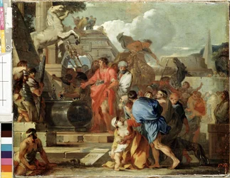 „Cesarz August odwiedza grób Aleksandra Wielkiego podczas jego kampanii egipskiej” (Augustus przed grobowcem Aleksandra Wielkiego) Obraz Sebastiena Bourdona (1616-1671) 1650-1660 niedz. 45,5 x 56,5 cm Ermitaż, Sankt Petersburg