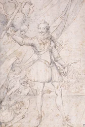 Król Henryk IV, pełnometrażowy, trofeum z broni osmańskiej u jego stóp, wznoszący zwój przed orłem (czarna kreda, długopis i brązowy atrament z niebieską plamą)