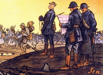 Generał Ferdinand Foch (1851 - 1929) obserwuje swoje oddziały maszerujące przez pole bitwy. Fragment plakatu pożyczki narodowej „Przez ostatni kwadrans... pomóżcie mi! Zapisy na Pożyczkę Narodową przyjmuje Sem”