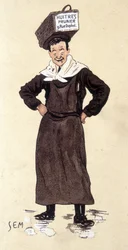 Sprzedawca ostryg ze sklepu Prunier. Chromolitografia sygnowana SEM (1863 - 1934).