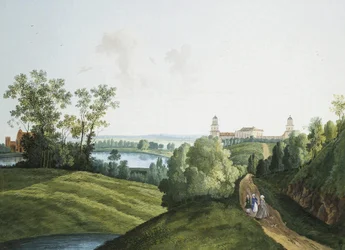 „Pejzaż z farmą w parku w Carskim Siole” Siemion Fiodorowicz Szczedrin (Semion Cztchedrine) (1745-1804). Gwasz i tusz na papierze