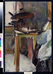 Artystka Olga Natalyina przy pracy (Artystka Olga Natalyiana przy pracy). Obraz Semyona Gavrilovicha Nikiforova (1877-1912), olej na płótnie