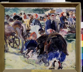 Targi (Targi). Prowincjonalne targowisko z wieśniaczkami i handlarzami. Obraz Semyona Gavrilovicha Nikiforova (1877-1912), olej na płótnie