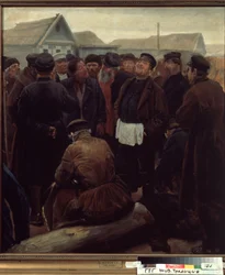 Poznaj społeczność wiejską. (Na spotkaniu społeczności wiejskiej). Grupa chłopów rosyjskich przed gospodarstwami. Praca Siergieja Aleksiejewicza Korowina (1858-1908), olej na papierze