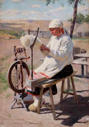 La fileuse - Spinner - Vinogradov, Siergiej Arsenyevich (1869-1938) - 1895 - Olej na płótnie -