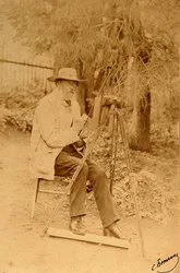 Portret poety Jakowa Pietrowicza Polonskiego (Jakowa Pietrowicza Polonskiego) (1819-1898) przy sztalugach. Zdjęcie albuminy Siergieja Dmitriewicza Botkina (1869-1945)