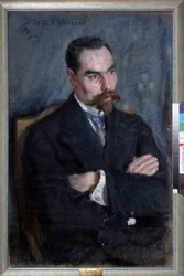 Portrait du poete Valeri Iakovlevitch Brioussov (1873-1924) (Portret poety Walerego Bryusowa). Oeuvre Sergei Vasilyevich Maliutin (Serguei Malioutine) (1859-1937), pastel sur papier