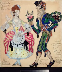 Kostiumy przygotowawcze do spektaklu „Le mariage de Figaro” Pierre Augustin Caron de Beaumarchais (1732-1799) (Projekt kostiumu do sztuki teatralnej Wesele Figara Beaumarchais) - Praca Siergieja Juriewicza Sudeykina (Serge Soudeiki