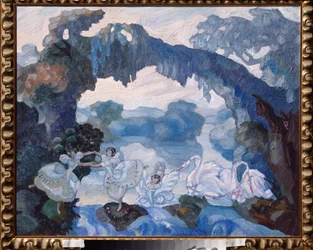 Dekoracja przygotowawcza do baletu „Lac des Cygnes” Piotra Czajkowskiego (1840-1893) (Scenografia do baletu Jezioro łabędzie Czajkowskiego) - Praca Siergieja Sudeykina (Serge Soudeikine) (1882-1946), olej na karton