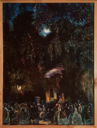 Hiszpania. (Scena wypoczynku, firmowy spacer po ulicy, wieczór). Obraz Siergieja Juriewicza Sudeykina (Serge Soudeikine) (1882-1946), olej na płótnie, ok. 1910 r. Sztuka rosyjska, XX wiek. Państwowe Muzeum Historii, Architektury i Sztuki, Psko