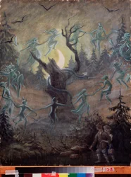 Noc w wigilię Iwana Kupały (rosyjski folklorystyczny odpowiednik Dnia Św. Jana, w środku lata) - Obraz Siergieja Juriewicza Sudejkina (Serge Soudeikine) (1882-1946), tempera na drewnie, sztuka rosyjska, f