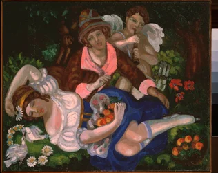 Scena alegoryczna. (Para kochanków, otoczona kilkoma gołębiami i amorem grającym muzykę). Obraz Siergieja Juriewicza Sudeykina (Serge Soudeikine) (1882-1946), olej na płótnie, ok. 1910 r. Sztuka rosyjska, XX wiek, secesja, modernizm.
