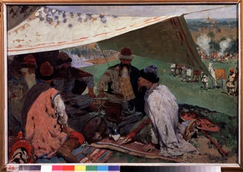 Zjazd książąt rosyjskich. Spotkanie książąt z dynastii Riourikid pod namiotem w średniowieczu. Obraz Siergieja Wasiliewicza Iwanowa (1864-1910), olej na płótnie