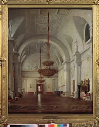 Widok Białej Sali Pałacu Zimowego w Sankt Petersburgu. Obraz Siergieja (Sergei, Sergei) Konstantinovich Zaryanko (Zarianko) (1818-1870), olej na płótnie. Sztuka rosyjska