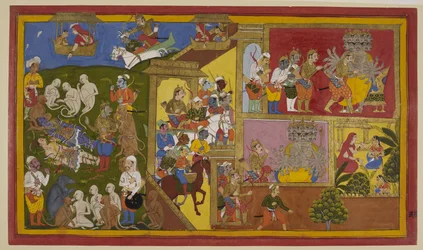 Indrajit rani Rāmę i Lakṣmaṇa; małpy rozpaczają, lecz Vibhīṣaṇa pociesza je.