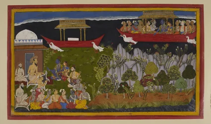 Rāma i Sītā przybywają do pustelni Bharadvāji, kończąc swoje czternastoletnie wygnanie