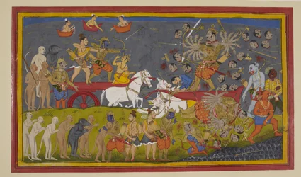 Rāma zabija Rāvaṇę bronią Brahmy; niebiańskie istoty radują się, a Vibhīṣaṇa składa hołd.